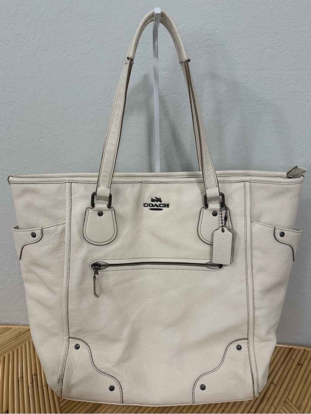Coach Mickie Tote F34039 Chalk White Pebbled Leather Large Shoulder Bag